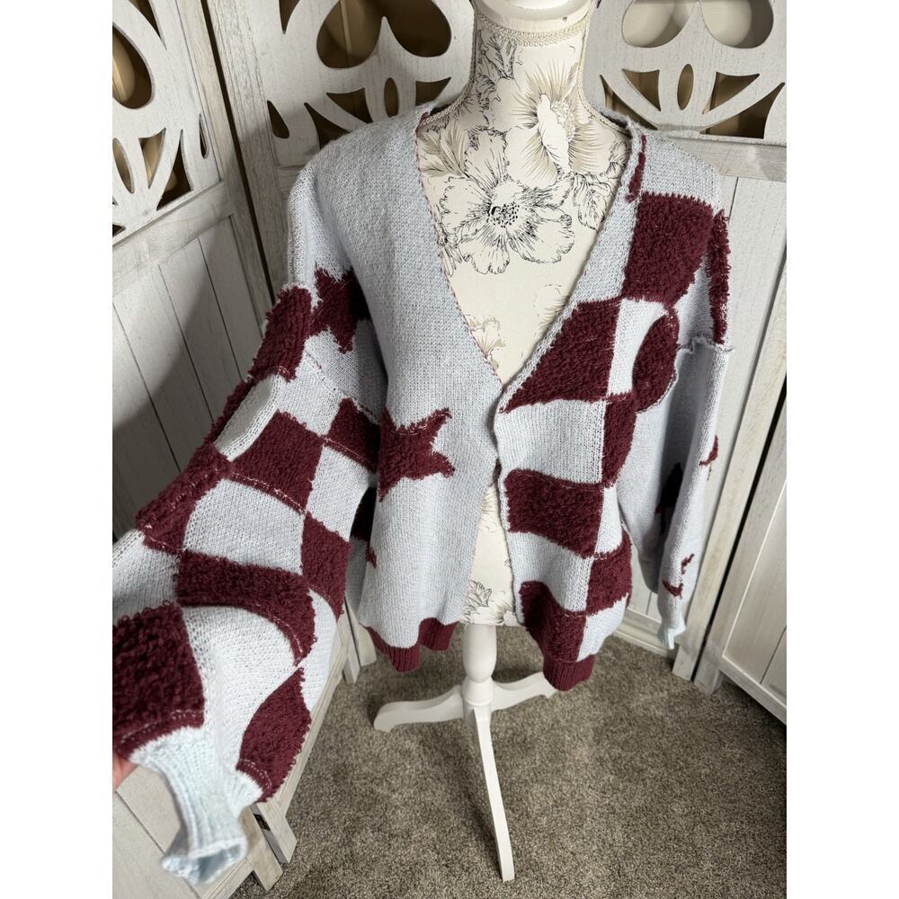 Pol Star Checkered Colorblock Grey Maroon Open Knit Cardigan Size Small